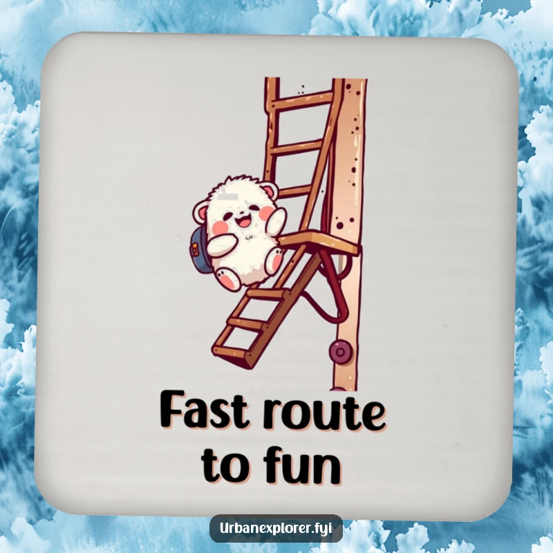 Funny fluffy creature with a backpack sliding down a rusty fire escape printed on a durable drink coaster.