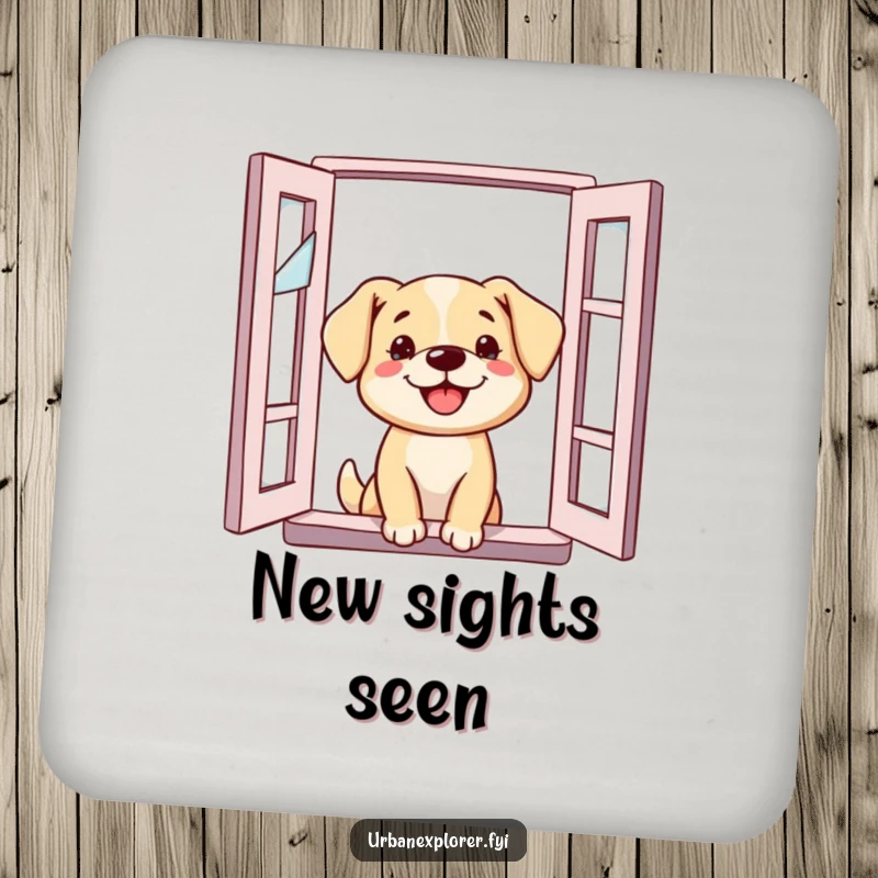 Funny Dog Coaster: Dog peeking out of a broken window, symbolizing curiosity and protecting surfaces with humor.