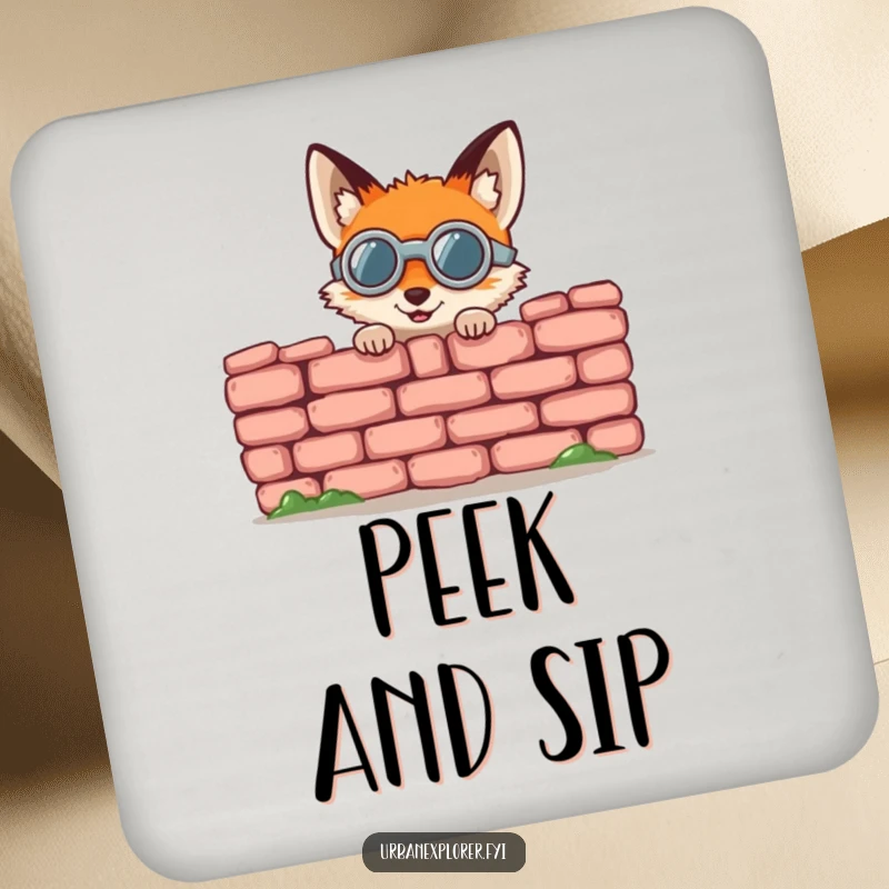 Funny fox coaster, a round fox in goggles gleefully peeking from behind a crumbling brick wall, a drink accessory.
