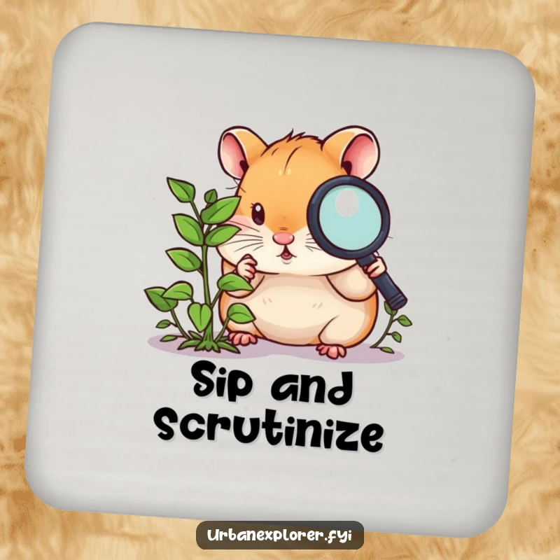 Funny hamster coaster, a curious hamster with a magnifying glass, examining a tiny overgrown weed, a humorous drink accessory.