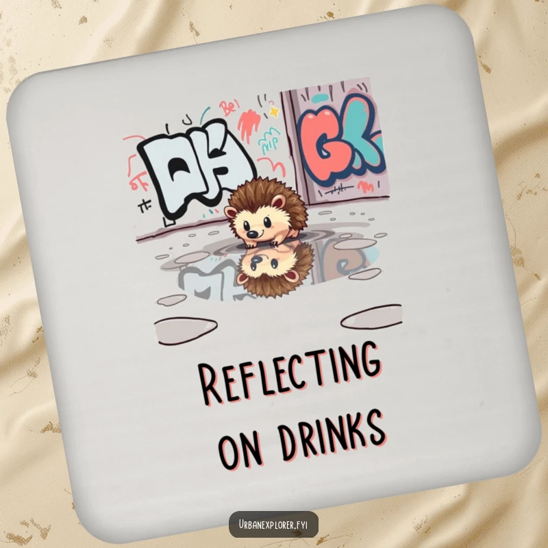 Funny curious hedgehog reflected in a puddle near a graffiti-covered wall printed on a durable drink coaster.