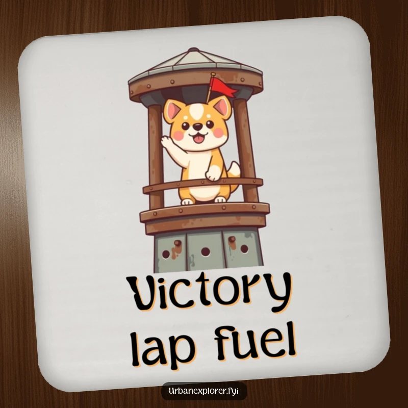 Funny Kawaii Dog Coaster: A cute dog triumphantly plants a flag on a rusty water tower, humorously protecting your surfaces.