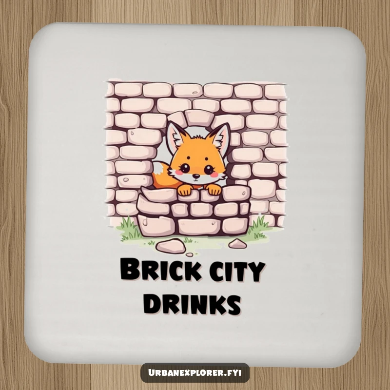 Funny Kawaii fox coasters featuring a cute fox peeking from a brick wall, offering stylish surface protection.
