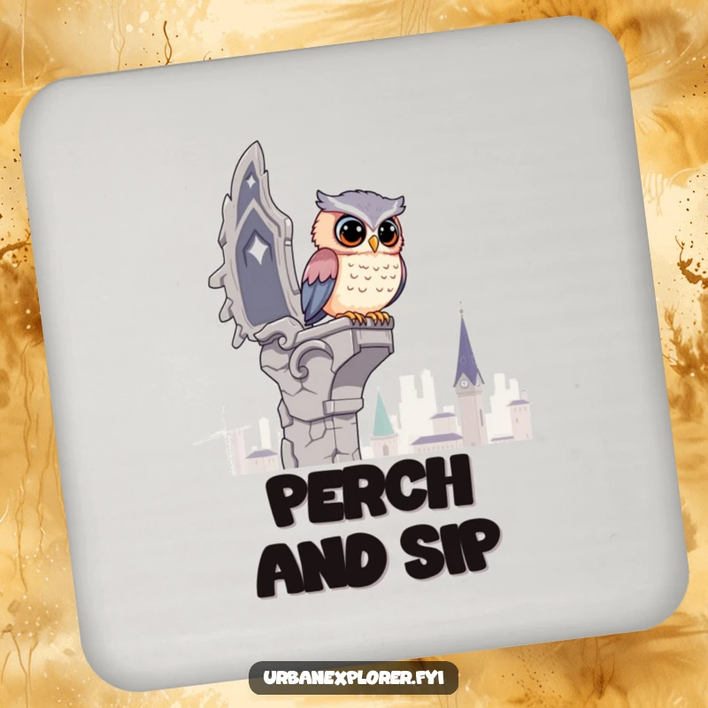 Funny Kawaii Owl Coaster: A cute owl surveys the city from a crumbling gargoyle, humorously protecting your surfaces with wisdom.