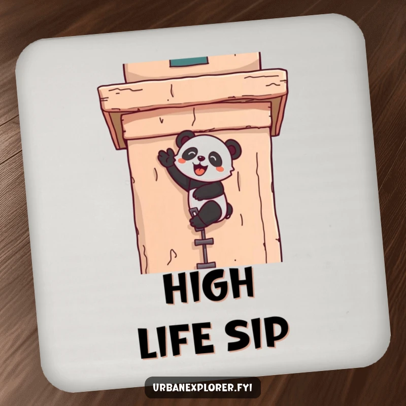 Funny kawaii drink coasters with a panda joyfully scaling a weathered building facade, embodying cute determination.