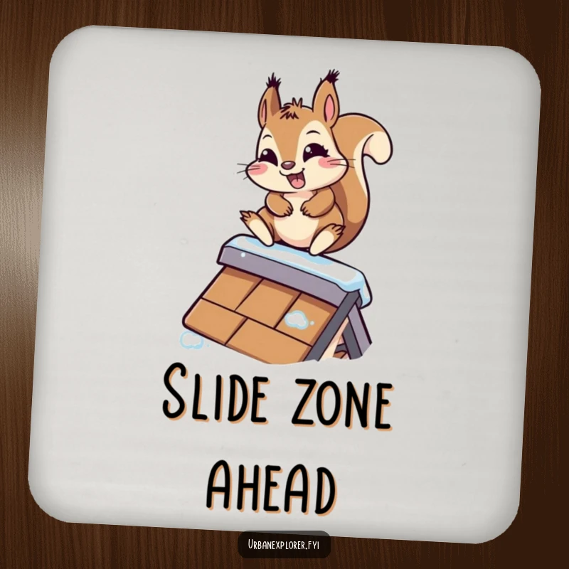 Funny Kawaii Squirrel Coaster: A determined kawaii squirrel slides down a rooftop, protecting surfaces with a splash of humor.