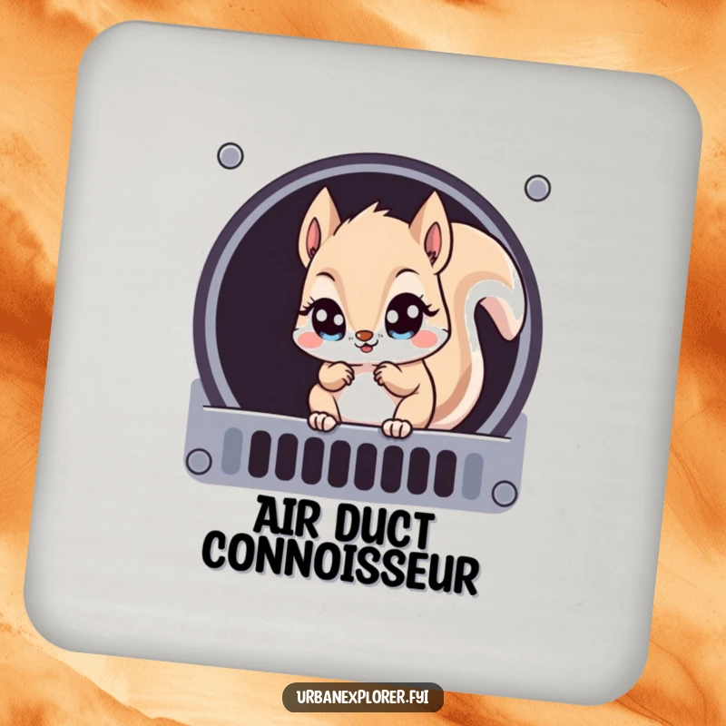 Funny Kawaii squirrel peeking into a ventilation grate, printed on protective drink coasters.