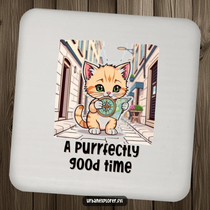 Funny Kitten Alley Coaster: Coaster with a kitten using a compass on a city map, adding urban humor to drink protection, funny gift.