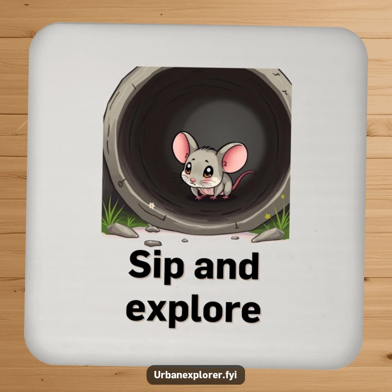 Funny mouse coasters featuring a tiny mouse exploring a large pipe, offering humorous protection for furniture.