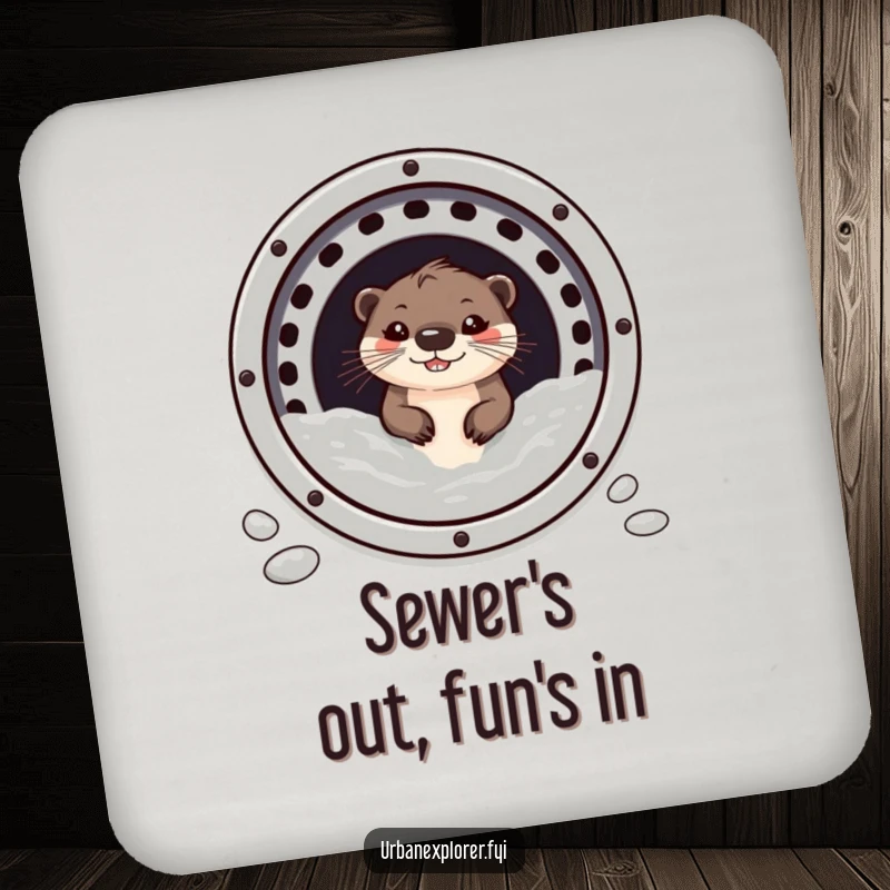 Funny otter with a wide grin, peeking from a sewer grate, on a set of drink coasters.