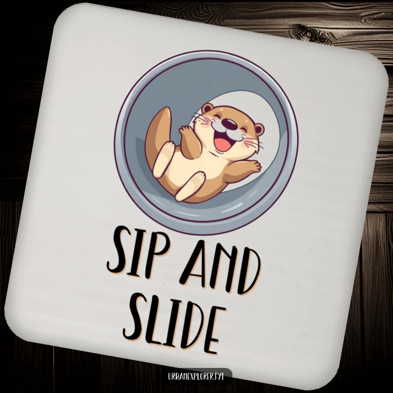 Funny joyful otter with a wide grin, sliding down a drainage pipe, a set of humorous coasters for drinks.