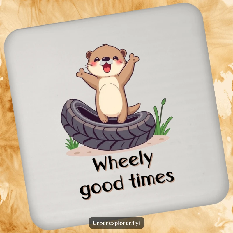 Funny Otter Coaster: Otter balancing on a tire with a triumphant gesture, adding humor and protection to surfaces.
