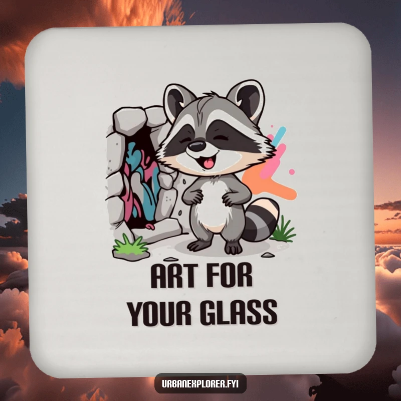 Funny Raccoon Street Art Coasters: A set of coasters featuring a giggling raccoon discovering street art, adding urban charm to drinks.