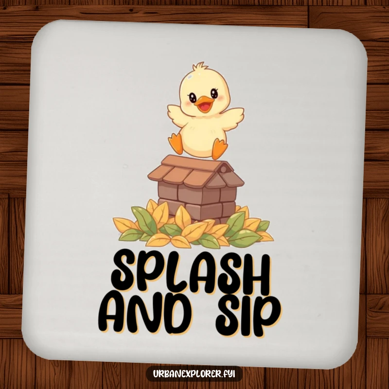 Funny drink coaster with a smiling duckling leaping from a rooftop onto leaves, adding humor and protection to surfaces.