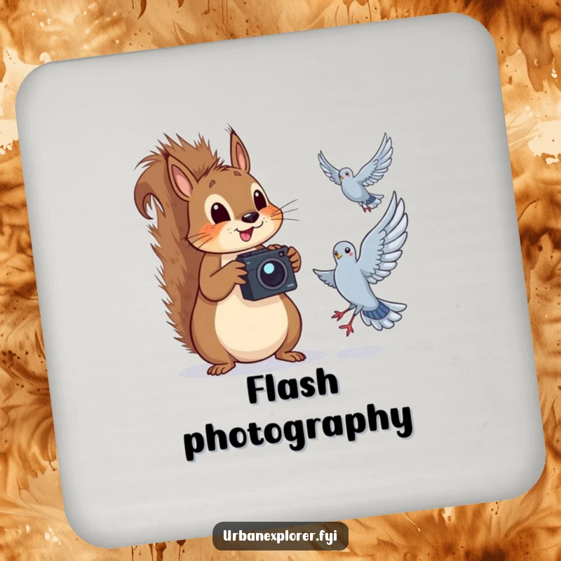 Funny squirrel with a camera, humorously capturing a pigeon mid-flight, on a set of drink coasters.