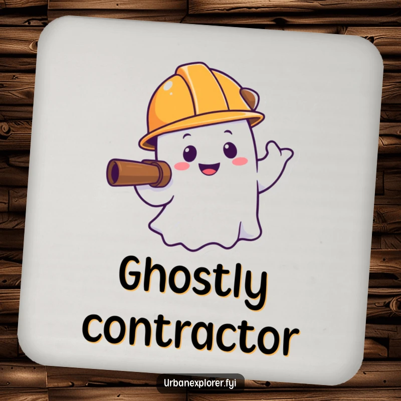 Funny ghost coasters, hard hat explorer, smiling spirit, humorous table protection, gift for hostess.