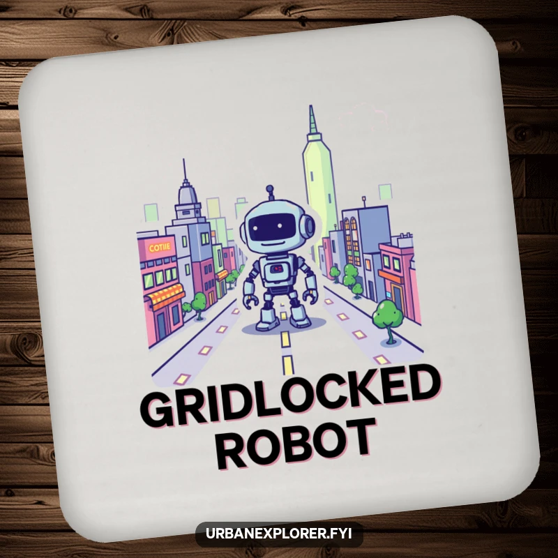 Funny robot coasters, pixelated city, lost bot, humorous table protection, gift for tech enthusiast.