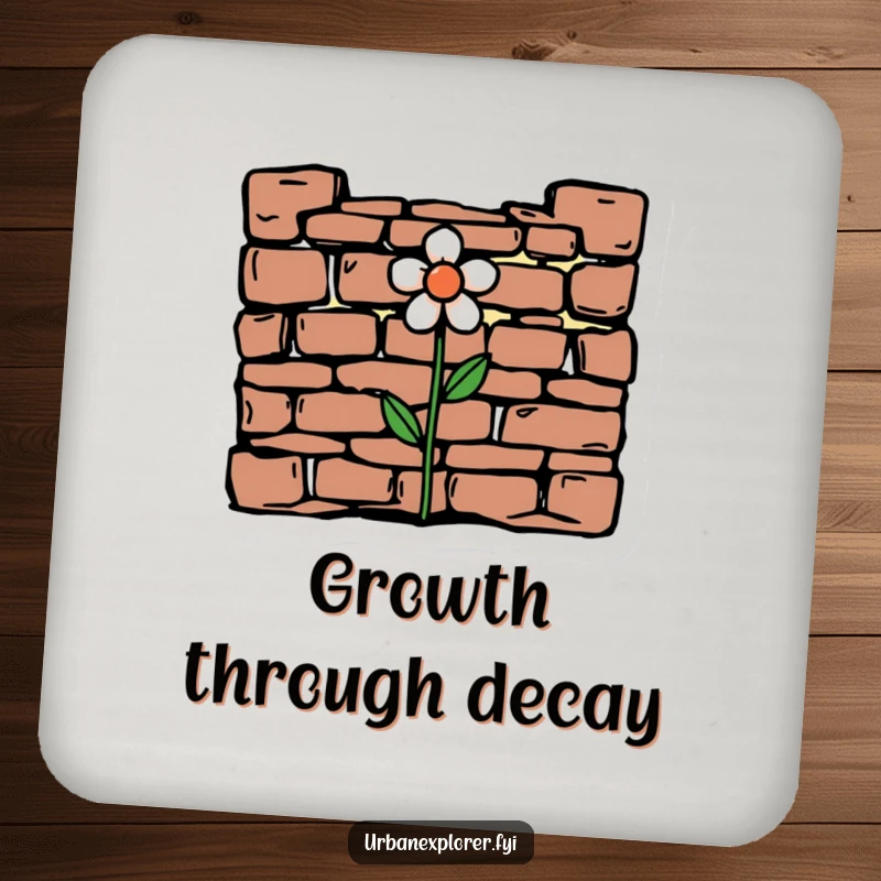 Funny minimalist drawing of crumbling brickwork with a flower on drink coasters, protecting surfaces with gentle humor and beauty.