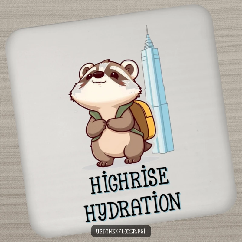 Funny Kawaii badger with a backpack, looking up at a tall building, printed on protective drink coasters.