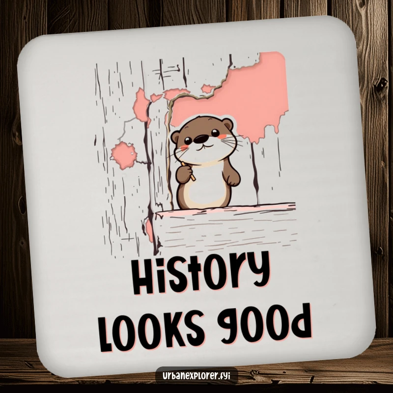 Funny Otter Drink Coaster: A cute cartoon otter admiring peeling paint on a vintage wall, offering surface protection with humor.