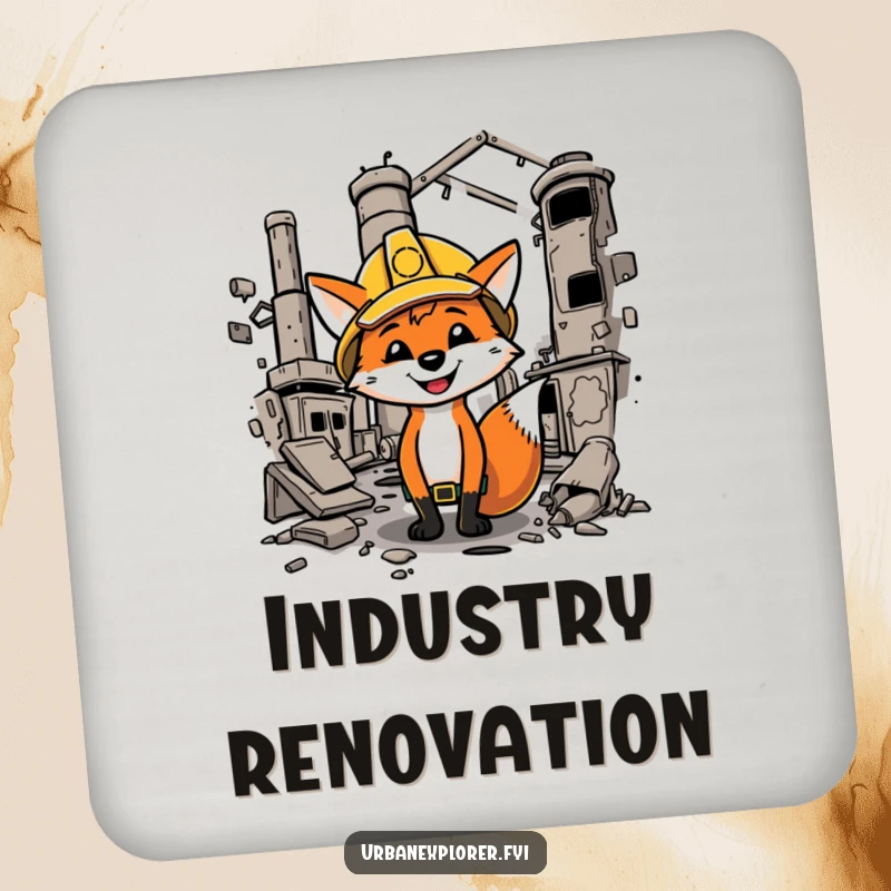 Funny fox wearing a hard hat pauses its factory exploration to sit on a drink coaster, adding humor.