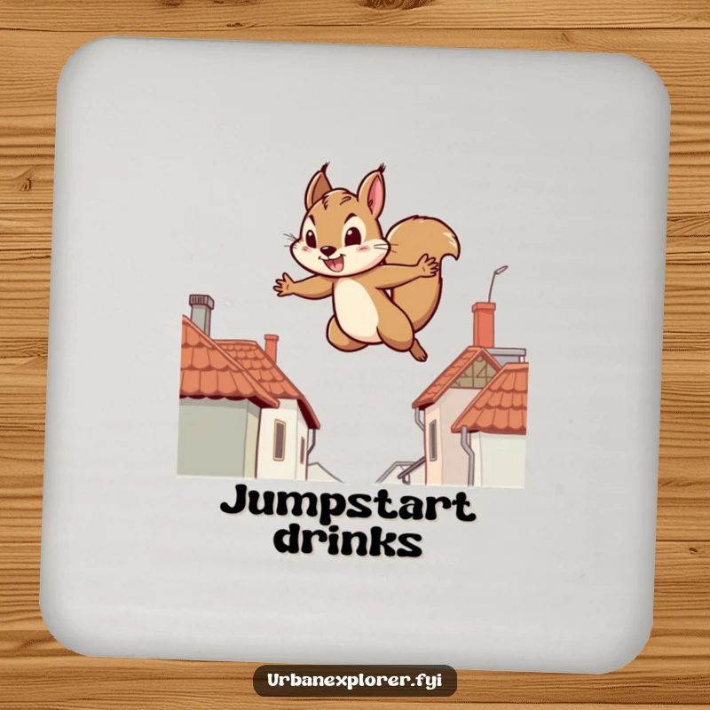 Funny drink coasters featuring a determined squirrel leaping between rooftops, a humorous addition to any table.