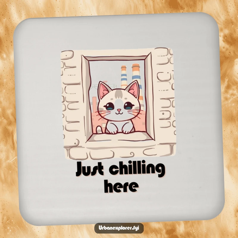 Funny kawaii cat peeking through a broken window of an old factory, printed on protective drink coasters, great as a funny gift.