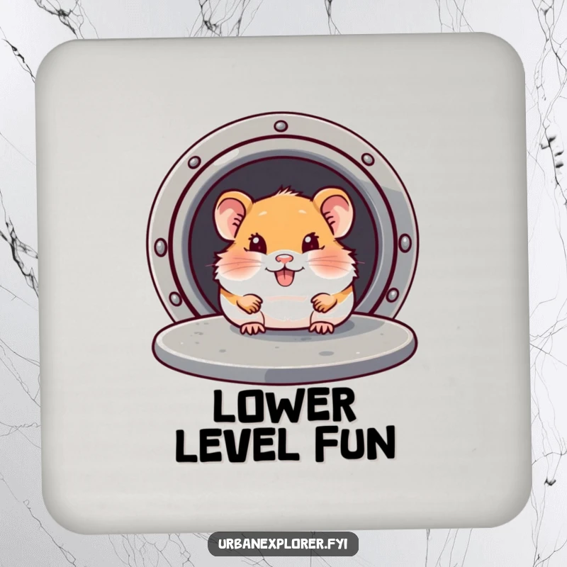 Funny Hamster Coaster: Hamster peeking from under a manhole cover, symbolizing hidden secrets and protecting surfaces with humor.