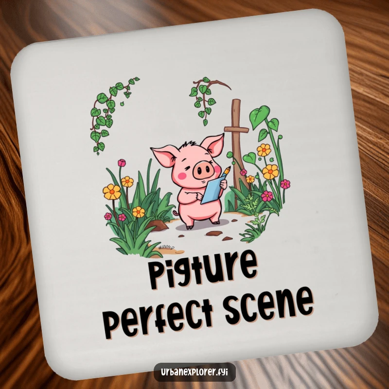 Funny Pig Drink Coaster: A goofy cartoon pig sketching an overgrown garden, offering surface protection with humor.