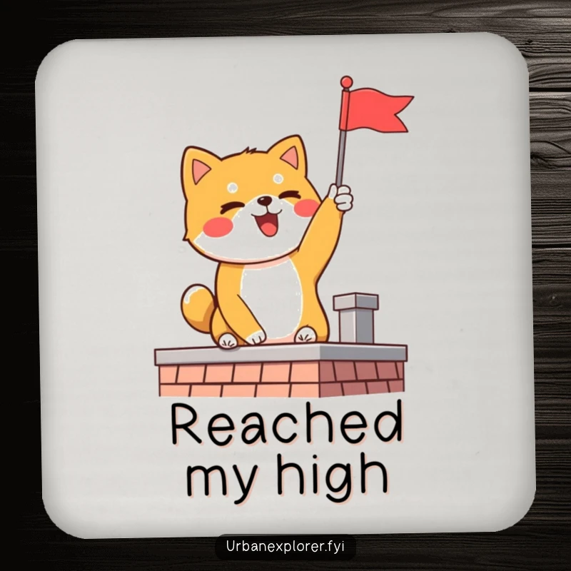 Funny Shiba Inu coaster featuring a delighted dog planting a flag on a rooftop, celebrating a successful drink.