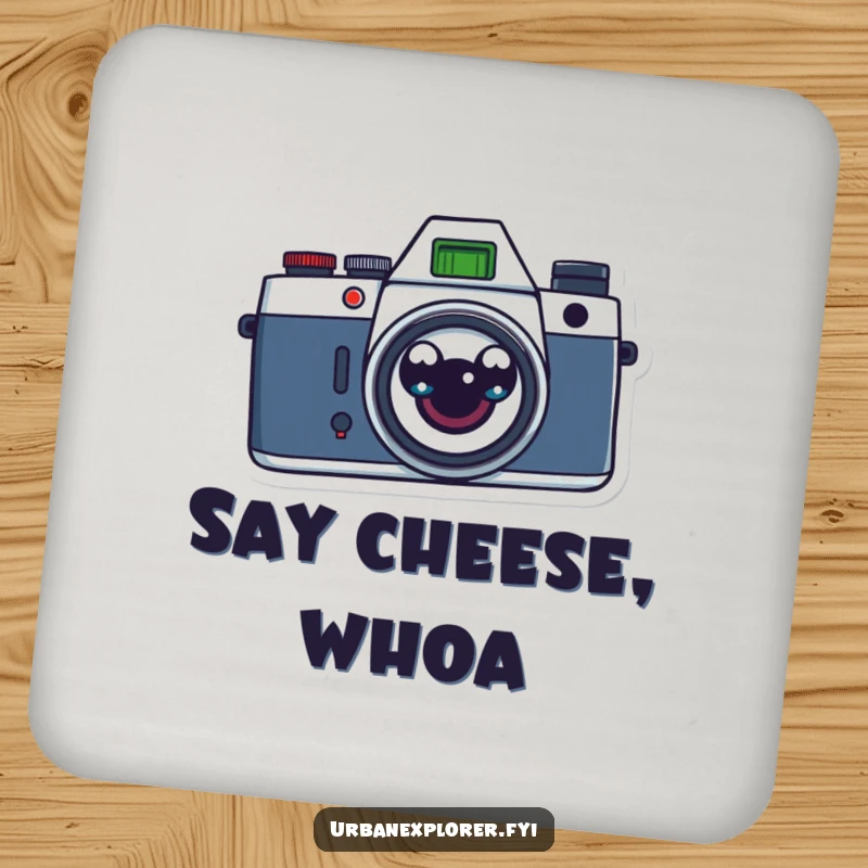 Funny retro camera with surprised cartoon eyes on drink coasters, protecting surfaces with vintage charm and humor.