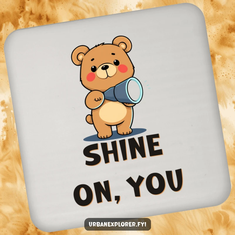 Funny Chibi bear with a flashlight, protecting a drink on a coaster, perfect for adding nighttime humor to surfaces.