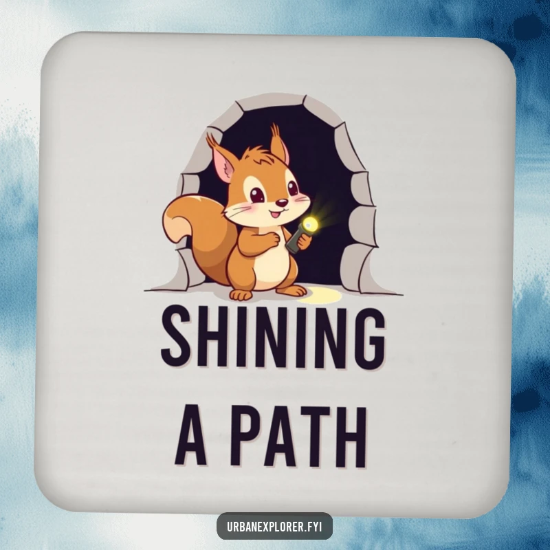 Funny squirrel coaster showing a brave explorer with a flashlight, guarding against spills near a mysterious dark opening.