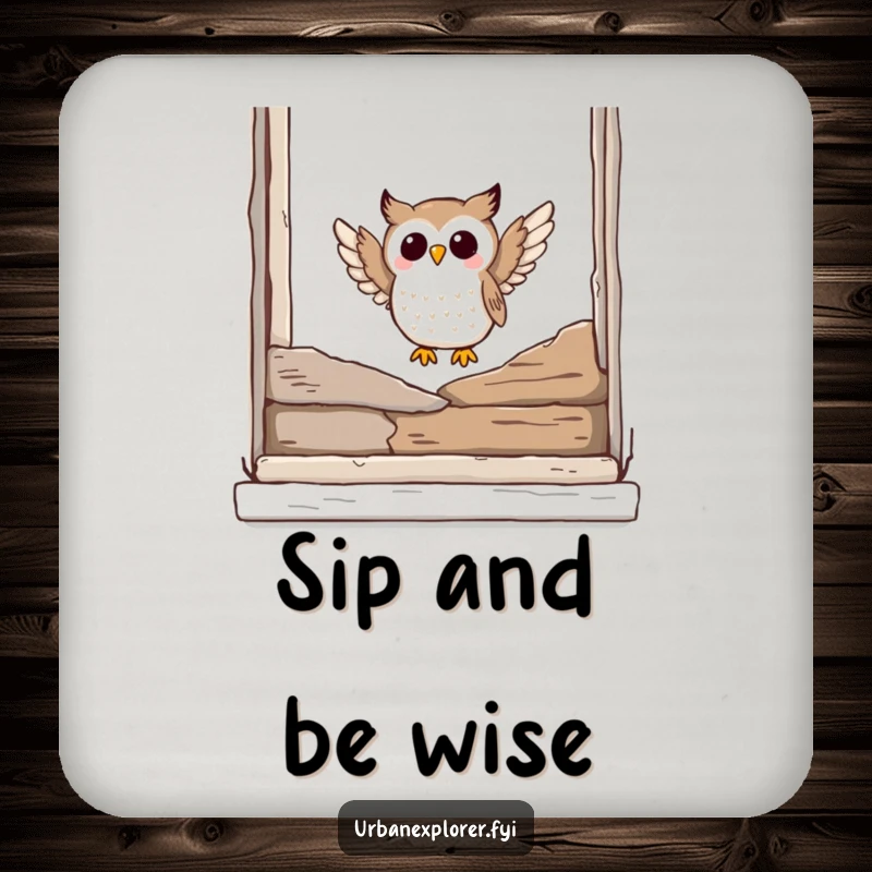 Funny owl coasters featuring a joyful owl landing on a broken window ledge, protecting furniture with humor.