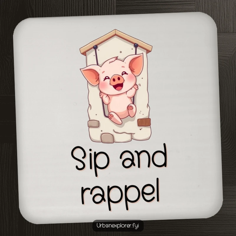 Funny drink coaster with a giggling piglet rappelling, protecting surfaces while adding a humorous element to gatherings.