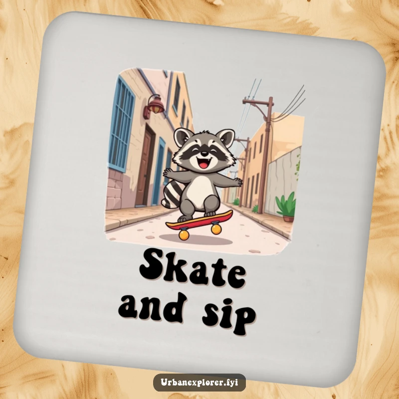 Funny Drink Coaster: A joyful Kawaii raccoon riding a skateboard down a deserted alley, protecting surfaces with cool flair.