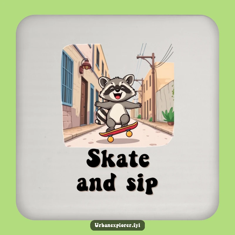 Funny Kawaii Raccoon Skateboard Drink Coaster: Joyful Rider Protects Surfaces!