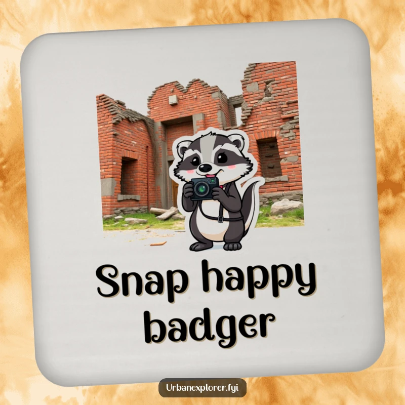 Comical badger holding a camera in front of a crumbling brick building sits on a drink coaster, adding humor.