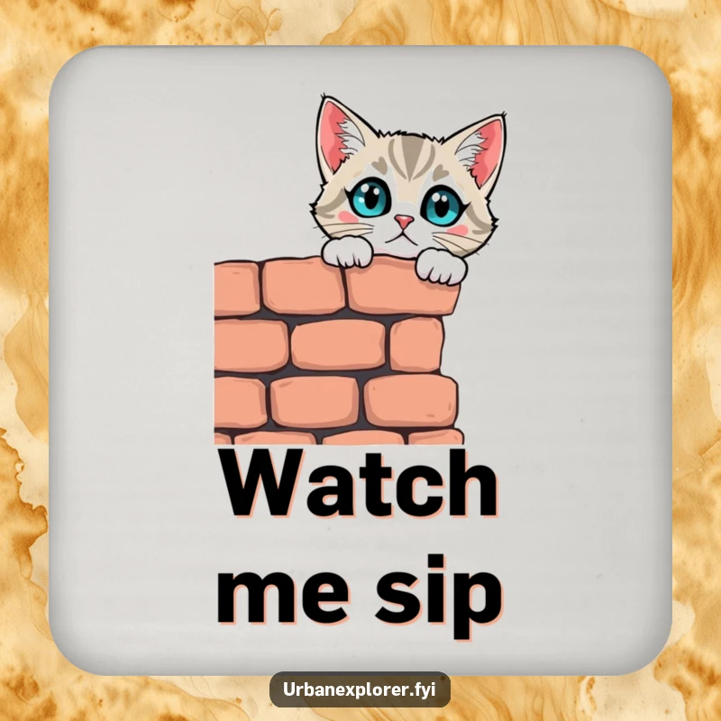 Funny curious cat peering over a crumbling brick wall on a protective drink coaster, a humorous home accessory.