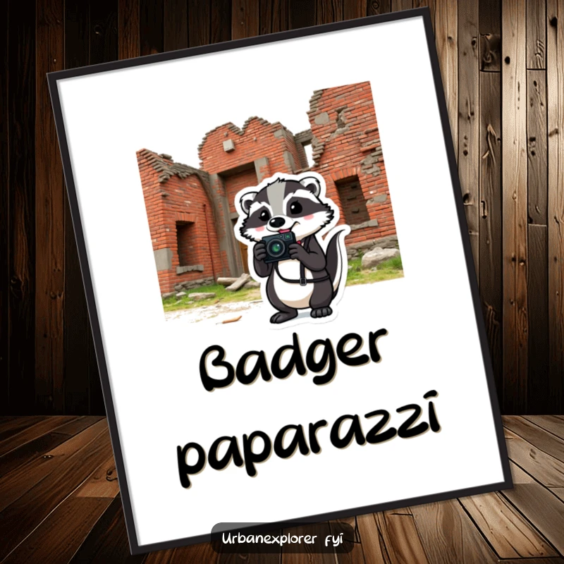 Comical badger holding a camera in front of a crumbling brick building, depicted on a vibrant and humorous poster.