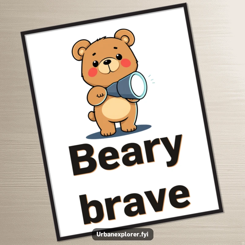 Funny Chibi bear holding a flashlight, casting a beam in the dark, creating a whimsical and humorous wall art piece.