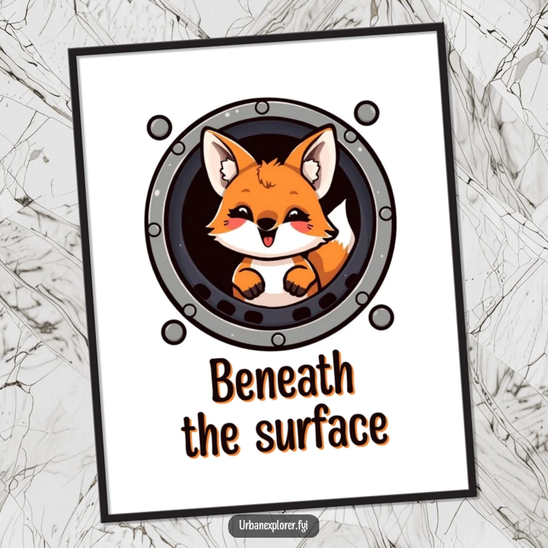 Funny mischievous fox with a playful grin emerging from a sewer grate, displayed as a humorous art poster.