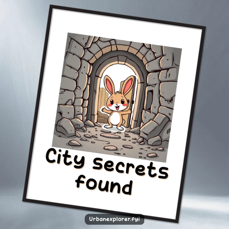 Funny Rabbit Poster: A silly cartoon rabbit finding a hidden doorway in an abandoned city, presented as humorous wall art.