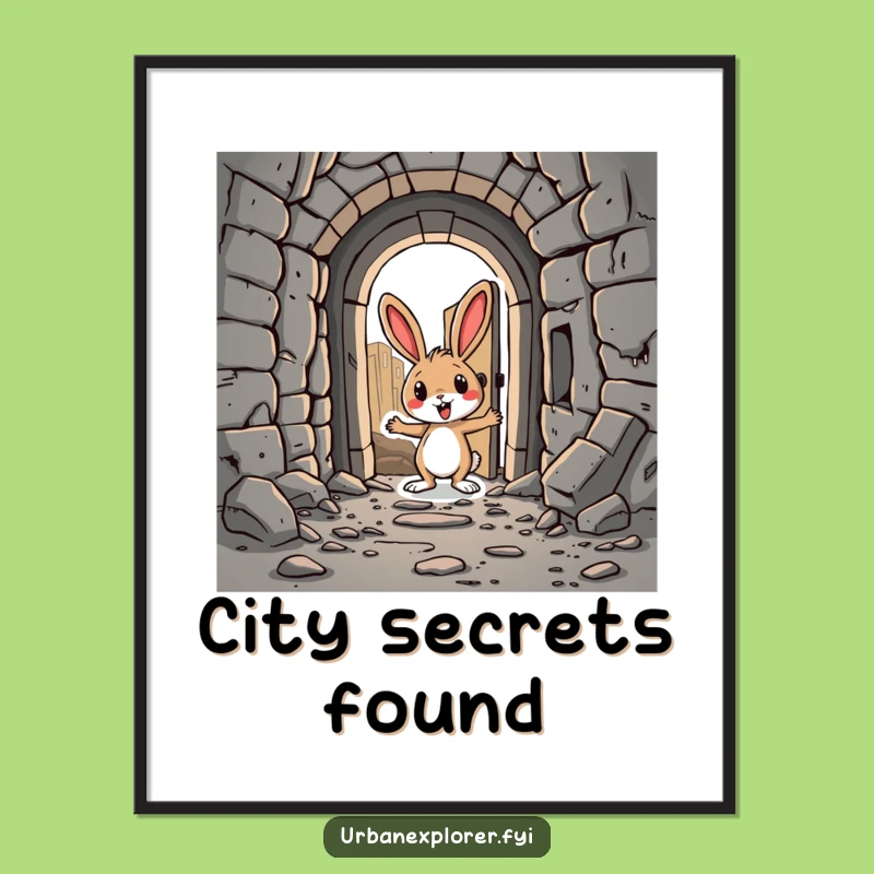 Funny Rabbit Discovery Poster: Abandoned City Scene, a Humorous Wall Art Gift