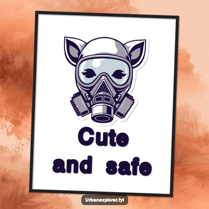 Funny gas mask poster, cute animal ears, stylized art print, modern wall decor, humorous gift for art enthusiast.