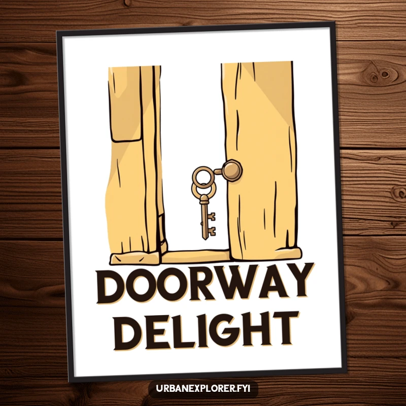 Funny whimsical key about to unlock a creaky, old door, presented as a humorous and intriguing poster for wall decor.