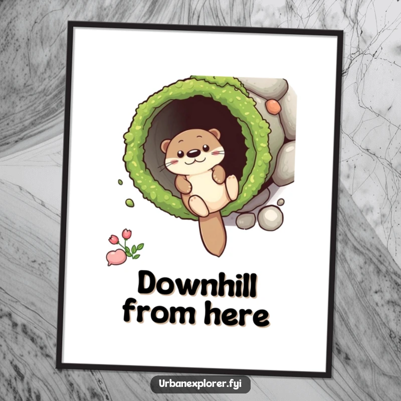 Funny Poster illustrating a gleeful otter character gracefully sliding down a detailed, mossy drainpipe, bringing whimsical energy to any room.