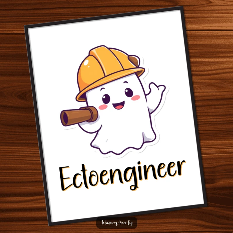 Funny ghost poster, smiling spirit, hard hat, cartoon art print, humorous wall decor gift.