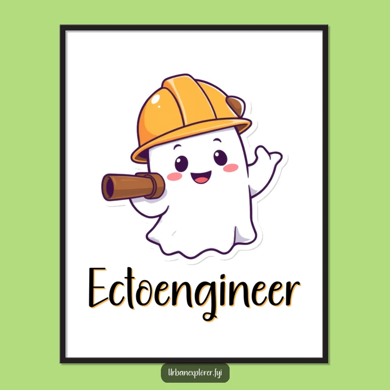 Funny Ghost Hard Hat Explorer Poster: Whimsical Cartoon Art for Playful Decor