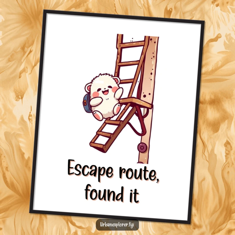 Funny illustration of a fluffy creature with a backpack sliding down a rusty fire escape, for charming wall art.